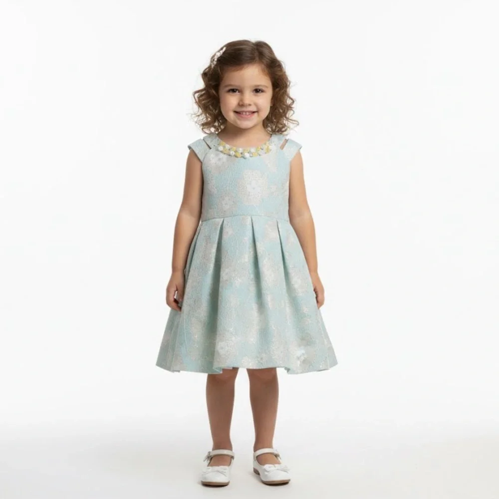 Bonnie Jean Toddler Girls Aqua Floral Jacquard Dress with Pearl Accents